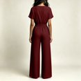 thumbnail image 4 of Women's V Neck Short Sleeve Jumpsuit Cinched Waist Casual One Piece Romper with Long Pants Summer Fashion Outfit Wine S(S), 4 of 6