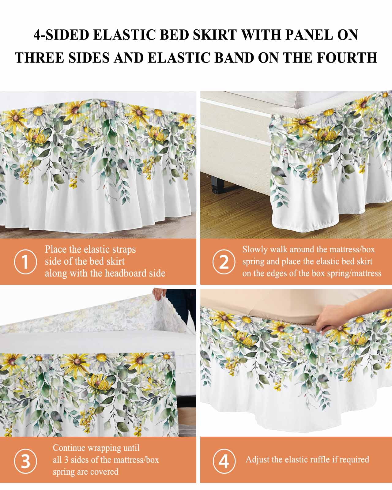 Farmhouse Eucalyptus Ruffle Bed Skirt Queen Size Leaves Yellow Daisy Botanical Adjustable Elastic Dust Bed Skirts Wrap Around Bedskirt Wrinkle Free Easy Fit with 16 Inch Drop