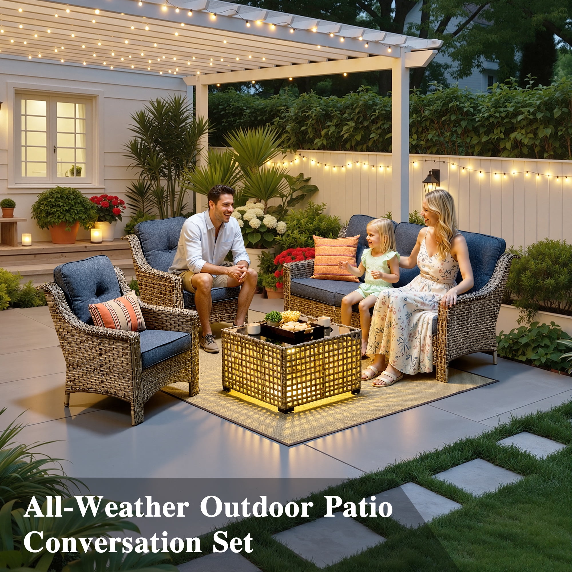 Ovios 4 Pieces Outdoor Furniture Set High Back All-Weather Wicker Patio Conversation Set with Solar Light Coffee Table, Denim Blue
