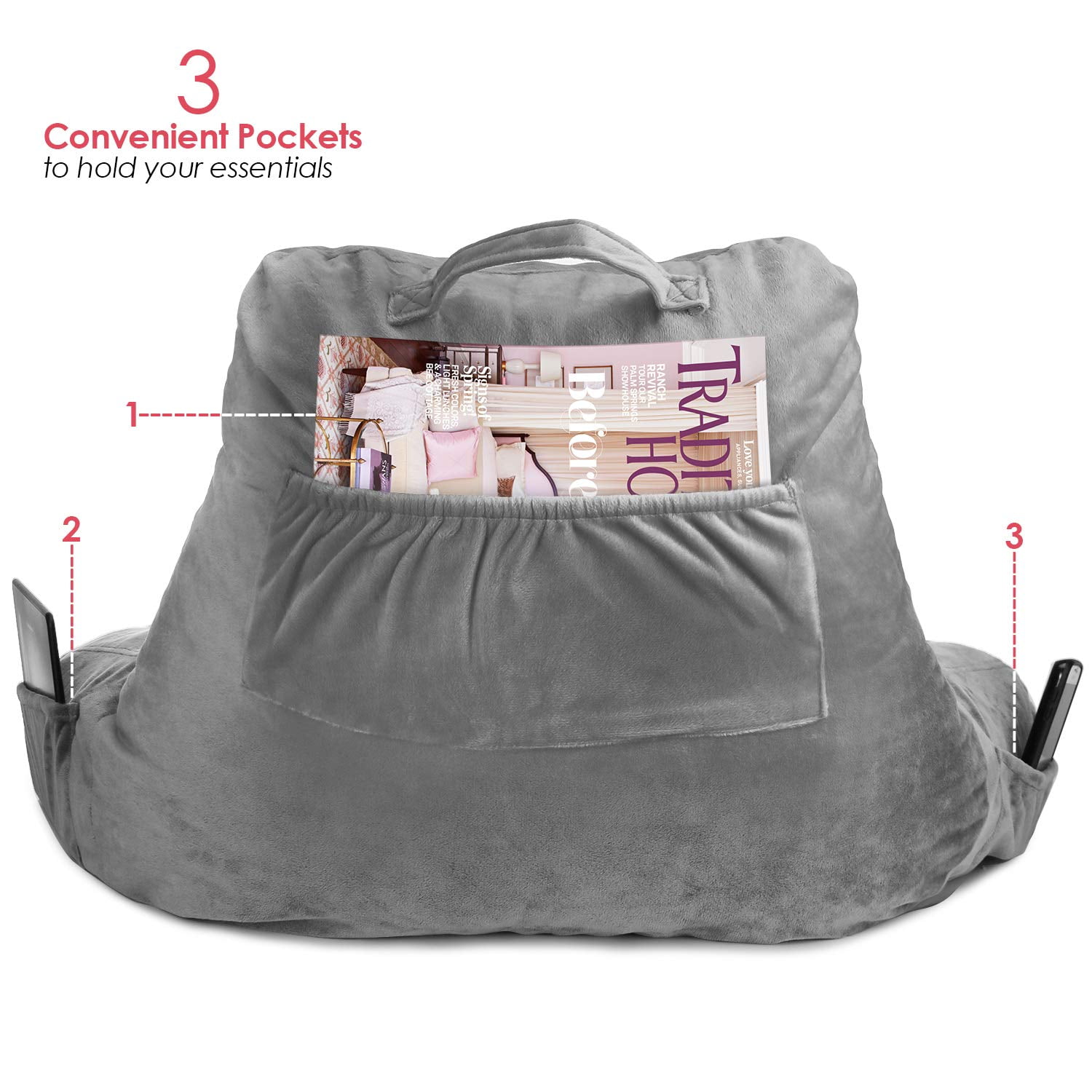 Clara Clark Bed Rest Reading Pillow with Arms and Pockets- Premium Memory Foam Pillow, Medium, Gray
