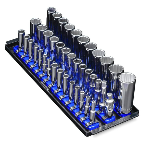 Ernst Manufacturing 8491 Socket Boss Bandeja Organizadora De Enchufes Múltiples Con 13 Rieles De Enchufes Azul - Bandeja De Almacenamiento De Enchufes Y Sistema De Organización Para La Caja De Herrami