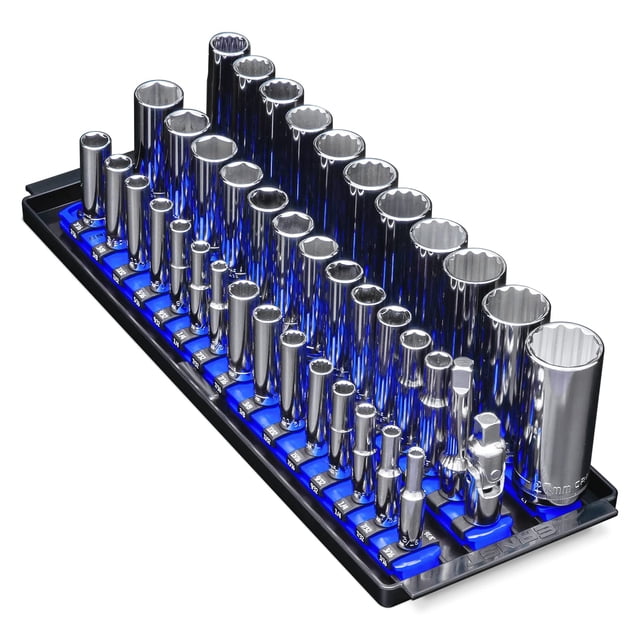 Ernst Manufacturing 8491 Socket Boss Bandeja Organizadora De Enchufes Múltiples Con 13 Rieles De Enchufes Azul - Bandeja De Almacenamiento De Enchufes Y Sistema De Organización Para La Caja De Herrami