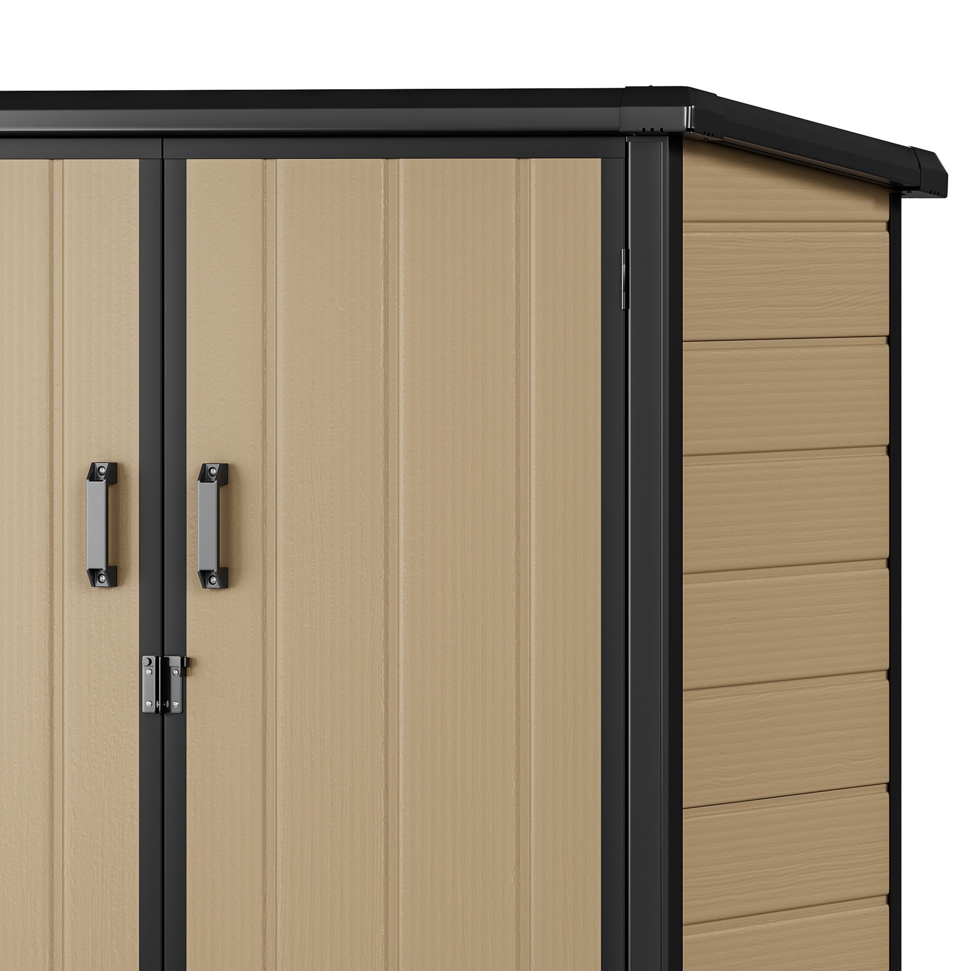 Uforic 54 Cu. Ft. Outdoor Vertical Storage Shed with 2 Shelves, 4.2x2.6x5 Ft, Includes Floor & Lockable Doors, Durable Double-Wall Plastic Cabinet for Trash Cans, Tools and Garden Equipment, Brown