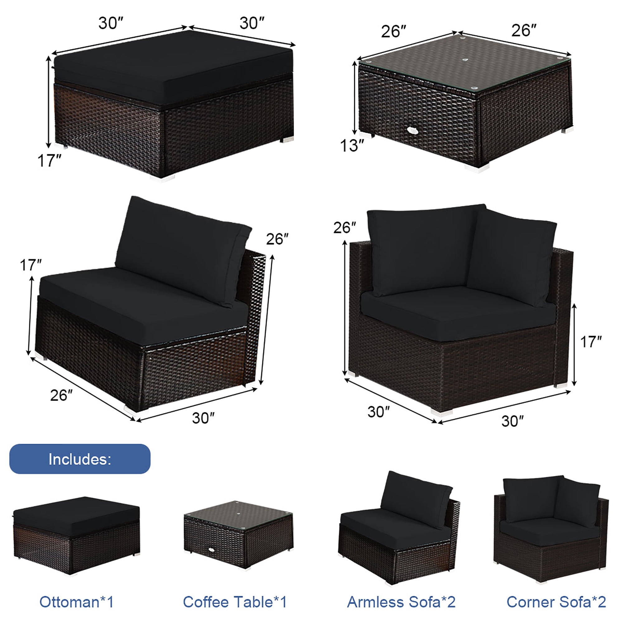 Costway 6PCS Outdoor Patio Rattan Furniture Set Cushioned Sectional Sofa Black