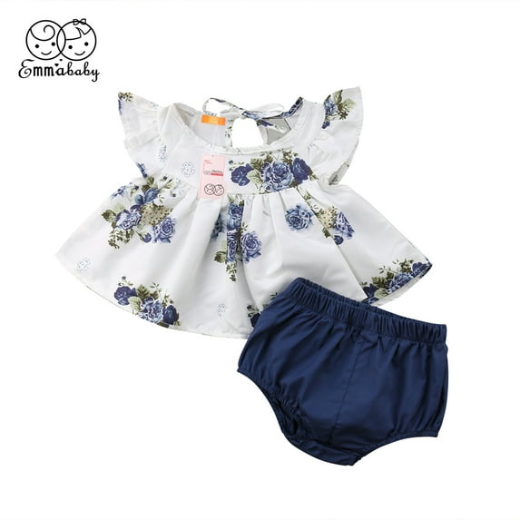 Sedceaty 2 Pcs/Set Infant Baby Girls Clothing Flying Sleeves Floral Tops Dress + Short Bloomers