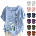 thumbnail image 3 of WREESH Womens Summer Cotton Linen Shirts Casual Round Neck Short Sleeve Flower Printing Loose Shirt Tops Light Blue, 3 of 5