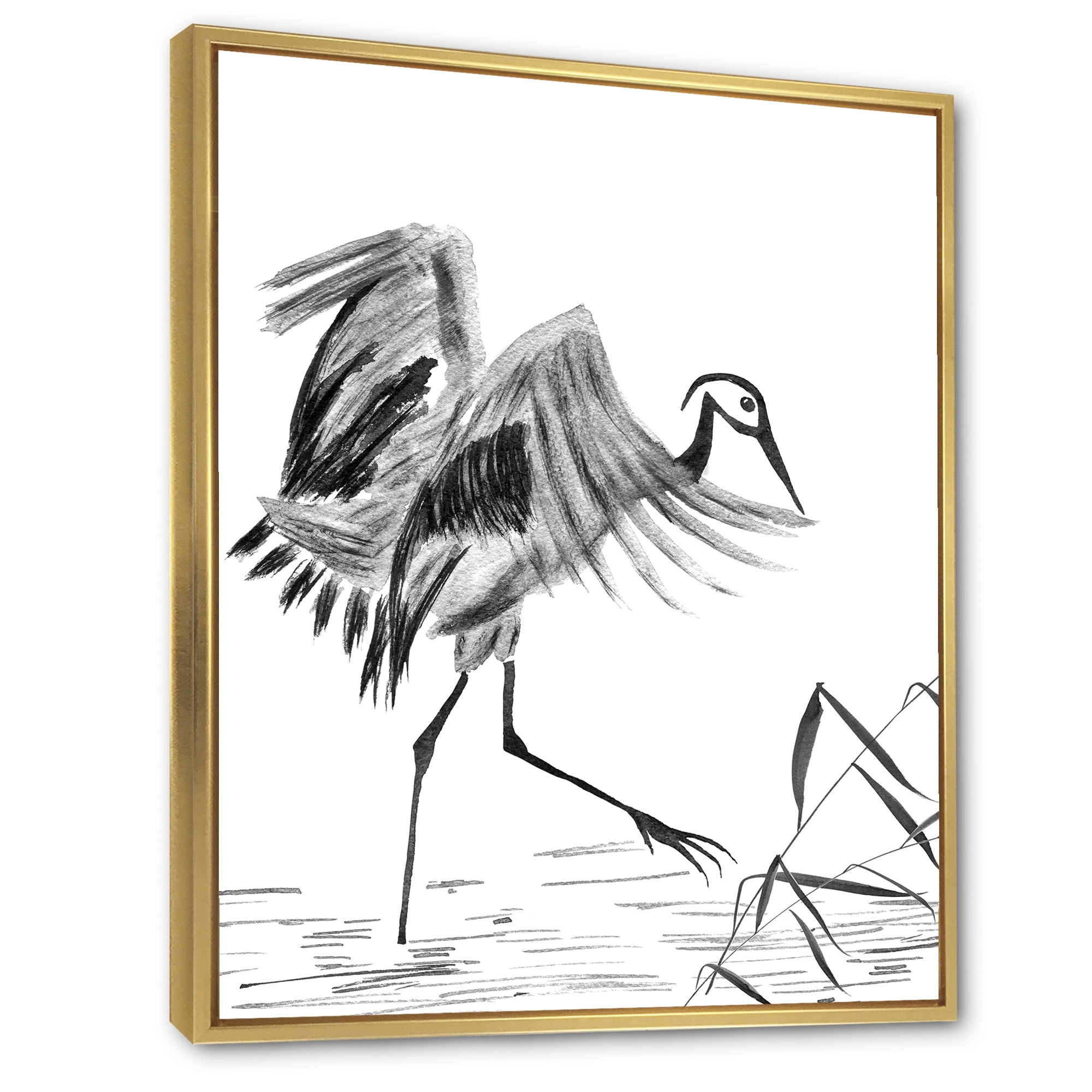 Designart 'Monochrome Japanese Oriental Crane Bird' Traditional Framed Canvas Wall Art Print