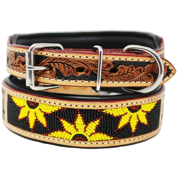 Medium 17''- 21'' Challenger USA Hand Tooled Beaded Padded Leather Dog Collar 60166