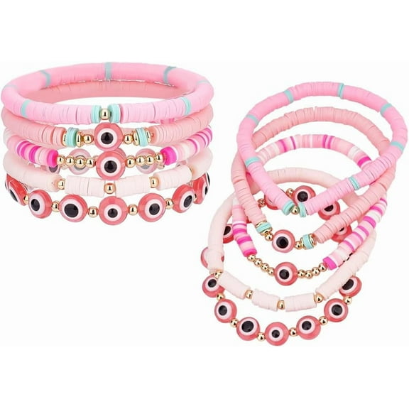 PH 10PCS Heishi Bracelets for Women 5 Style Stackable Bracelets Beaded Bracelet Valentine Clay Beaded Stretch Bracelets Boho Surfer Bracelets for Disc Party Gifts Beach Jewelry Pink