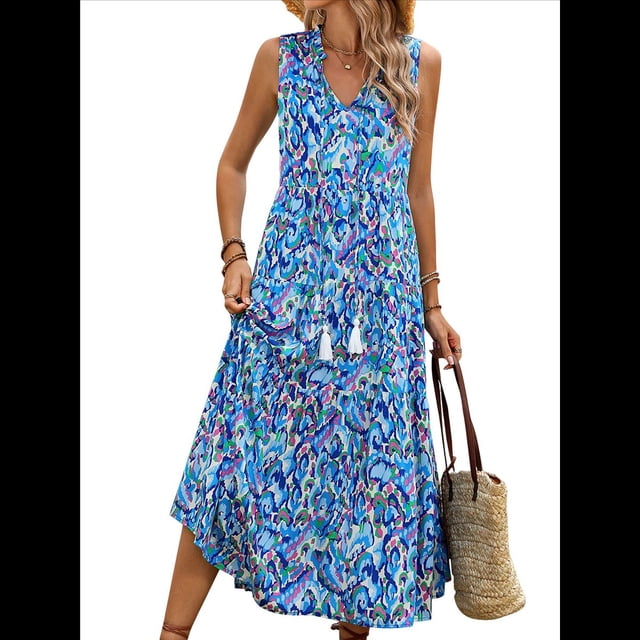 Vestido de Verano para Mujer, Sin Mangas, Bohemio, Floral, con Escote en V, Lazo Frontal, Flecos y Fluido Azul L