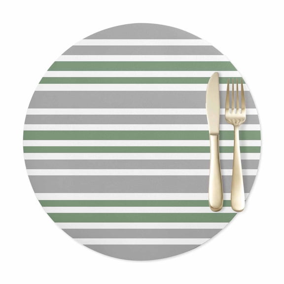 Round Placemats Set of 1, Sage Green Grey Horizontal Stripes Faux Leather Placemat Waterproof Oil-Proof Table Mats 12in, Monochromatic Tones Line Washable Place Mats for Kitchen Dining Table Party