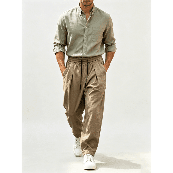 Atkumj Athletic Pants for Men with Pockets Fashion Crinkle Texture Drawstring Casual Pants Elastic Waistband Solid Color Straight Fit Trousers for Men S