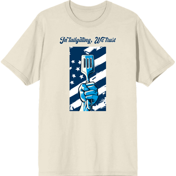 In Tailgating We Trust American Flag And Spatula Adult Natural Crew Neck Short Sleeve Tee-3XL