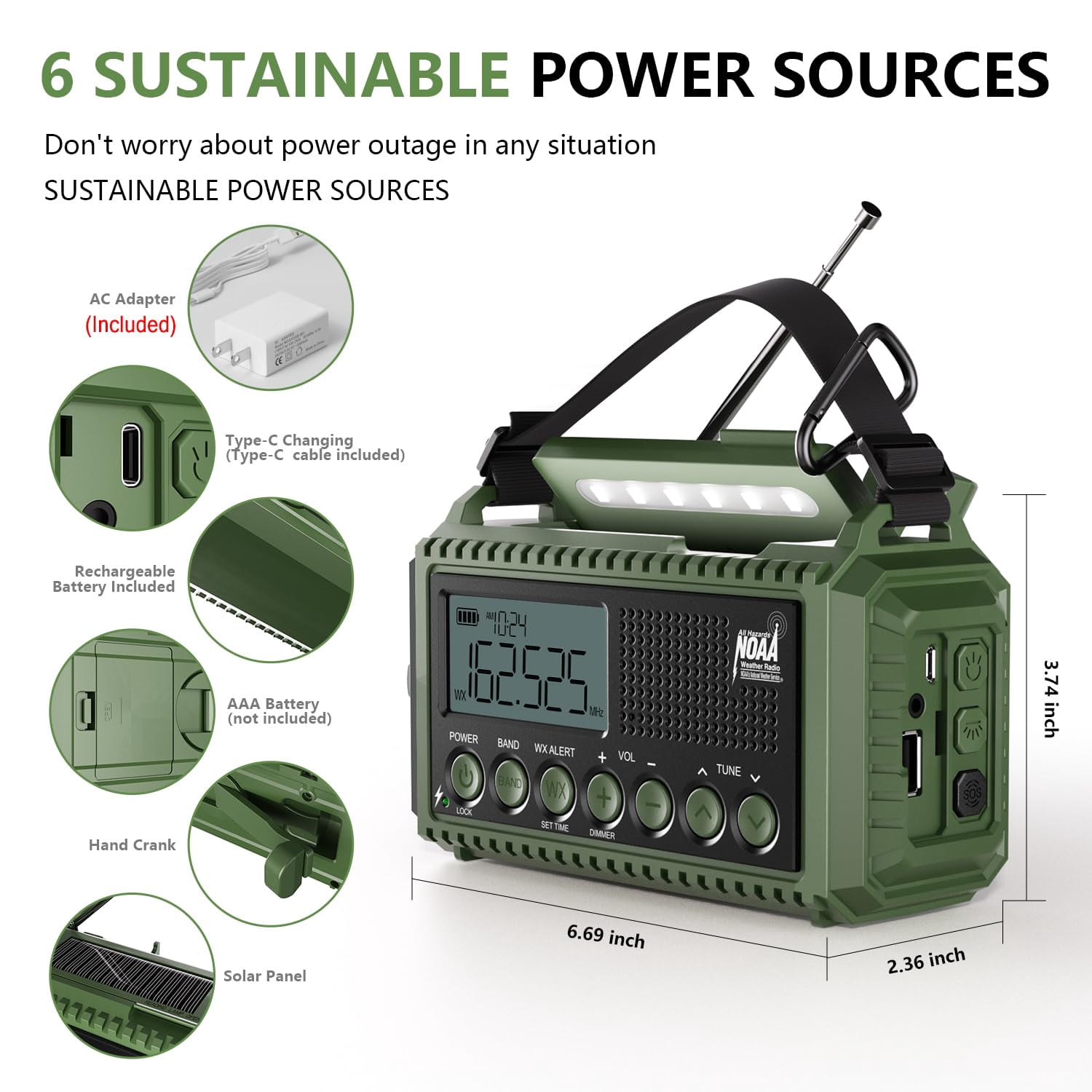 Noaa Emergency Radio With Auto Weather Alerts - 12000mah Solar Hand Crank  6 Power Sources Bright Lcd Digital Tuning Am/fm/sw Receiver Sos Alarm & For Home Camping