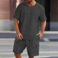 thumbnail image 3 of Ohufall Men's Short Sets 2 Piece Outfits Fashion Casual Short Sleeve Crewneck Shirt and Beach Shorts with Multi Pockets Mens Short Sets 2 Piece Outfits, 3 of 7
