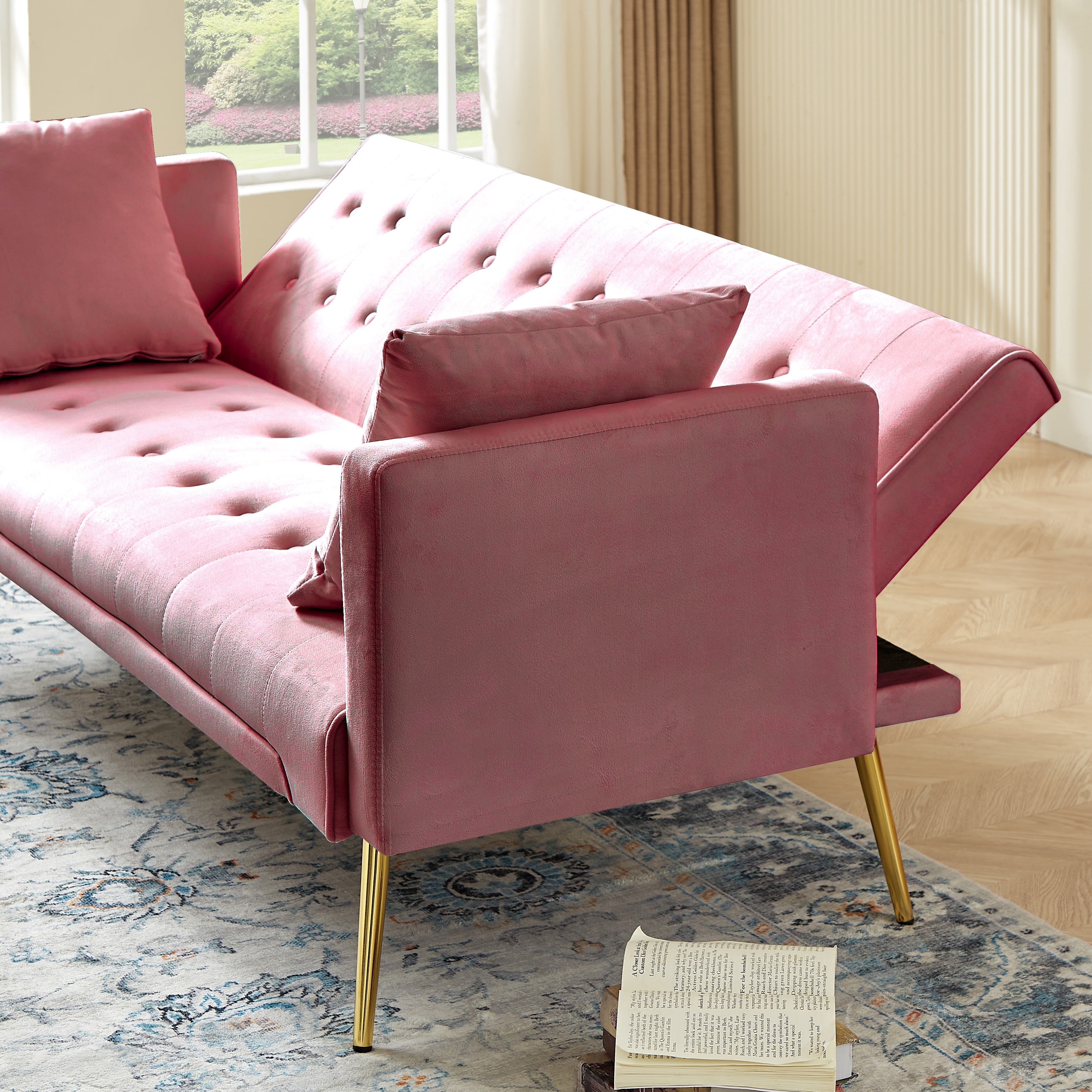 Leumius Velvet Futon Sofa Bed,Adjustable Convertible Folding Sleeper Couch Bed for Compact Living Spaces,Pink