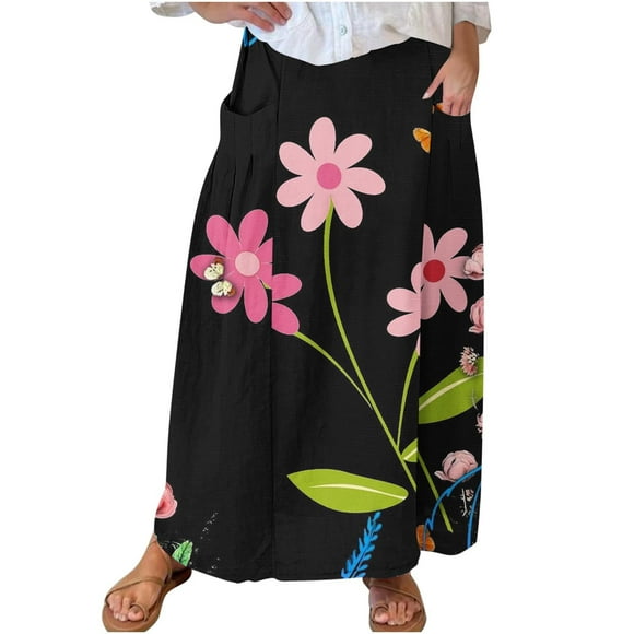 Birdeem Mid-Calf Skirt Womens Printed Elastic Waistband Pleated Pocket Skirt With Mid Calf Skirt
