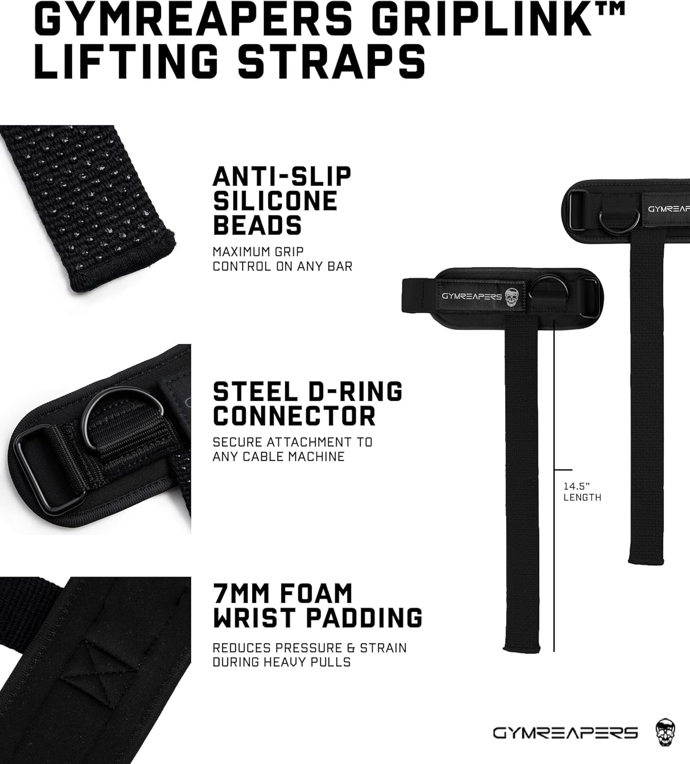 Gymreapers GripLink Lifting Straps – Heavy Duty D-rings Wrists Straps with Anti-Slip Silicone Grip Beads, Cushioned, Adjustable Support for Deadlifts, Powerlifting, Cable Machines and Gym Trainings