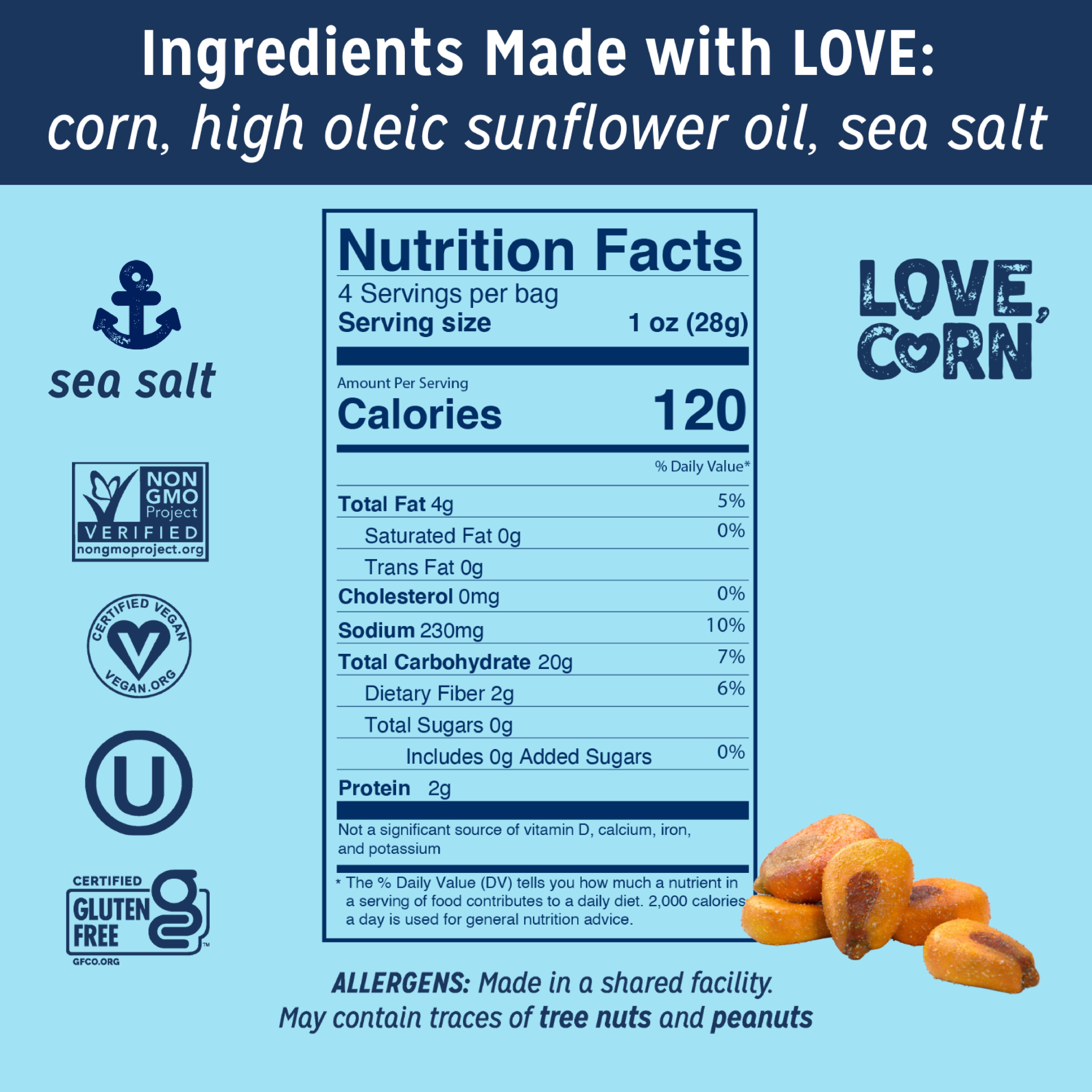 (2 pack) LOVE CORN: Sea Salt 4oz | Roasted Crunchy Corn - Gluten-Free - Plant based & Vegan - Healthy Snack - Low Calorie - Non GMO