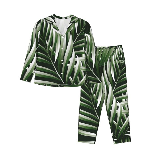 Balery Tropical Palm Leaves1 Conjunto de Pijama con Estampado para Mujer, Conjunto de Dos Piezas con Manga Larga, Ropa de Dormir Suave con Bolsillos, Pijamas Cómodos-XX-Large