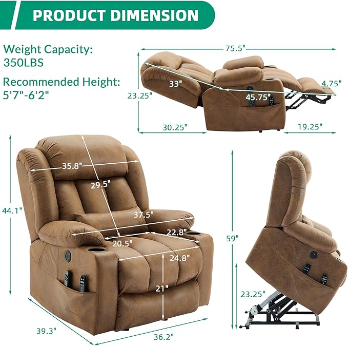 VIVIJASON Tall Man Dual Motor Power Lift Recliner, Oversized Lay-Flat Sleeper with Extended Footrest, Heat, Massage, Lumbar Pillow & USB/Type-C, Brown