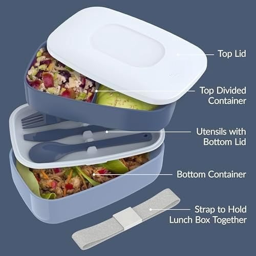Classic - Adult Bento Box, Stackable 3-Compartment Lunch Box with Removable Utensil Set and Sealing Strap, BPA-Free, Food Container Ideal for Meal Prep, Work, and On the Go (Slate)