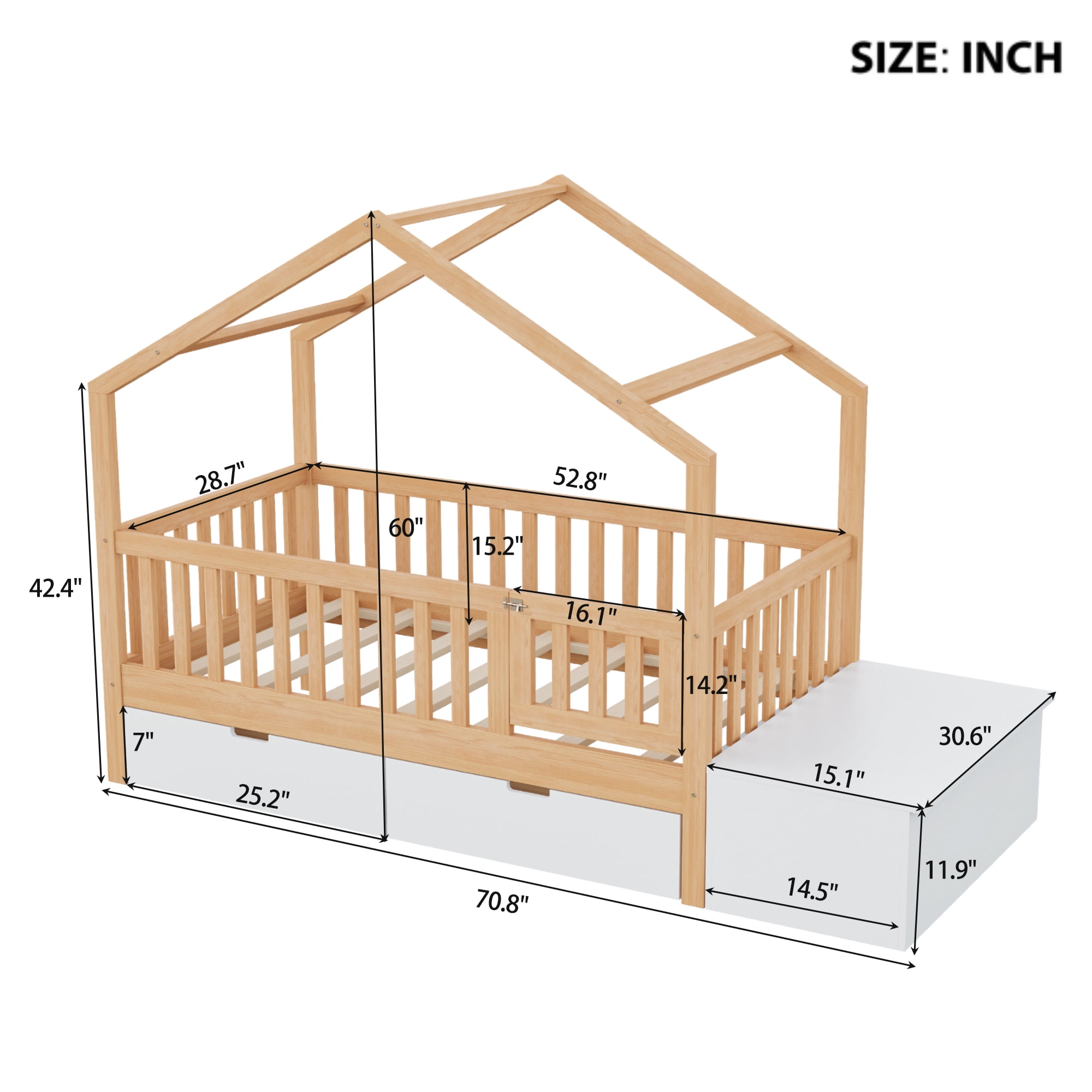 Toddler Bed with Storage Drawers and Lift-Top Chest, Solid Wood Playhouse Bed and Montessori Floor Bed with Safety Railings, Natural and White
