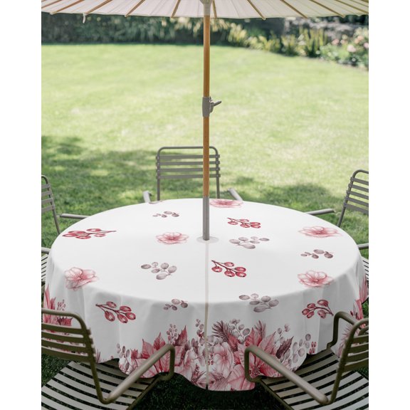 Outdoor Tablecloth with Umbrella Hole, Rustic Poinsettia Berry Leaf Zippered Table Cloth for Square Tables, Winter Pink Flower Botanical Washable Waterproof Tablecloths for Picnic Patio Garden