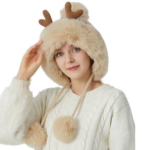 Generic Women'S Fluffy Winter Earflap Beanie 2024 Christmas Deer Horn Knitted Hat Women Winter Outdoor Skiing Cold Proof Plush Ear Protection Woolen Hat Gender-Neutral Plaid Knit Beanie
