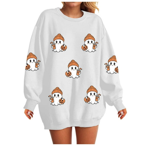 adviicd Halloween Sweatshirts For Women 2025 Plus Size Ghost Pumpkin Sweater Cute Spooky Graphic Pullover Shirts (White, S)