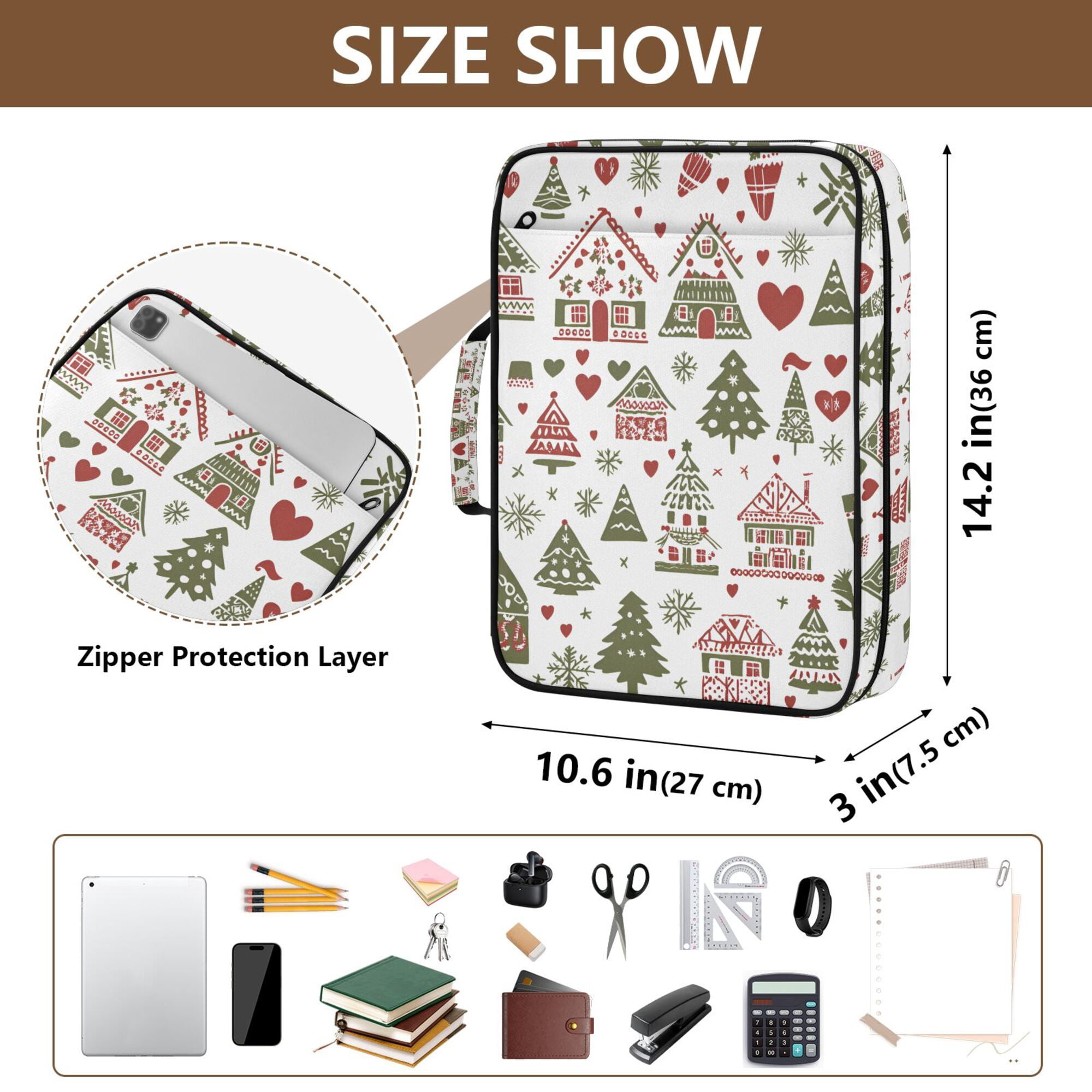 FORMRS Accordion File Folder A4 Size 7-Pocket Expanding Document Organizer Bag with 3 Ring Binder, Green Nordic Christmas
