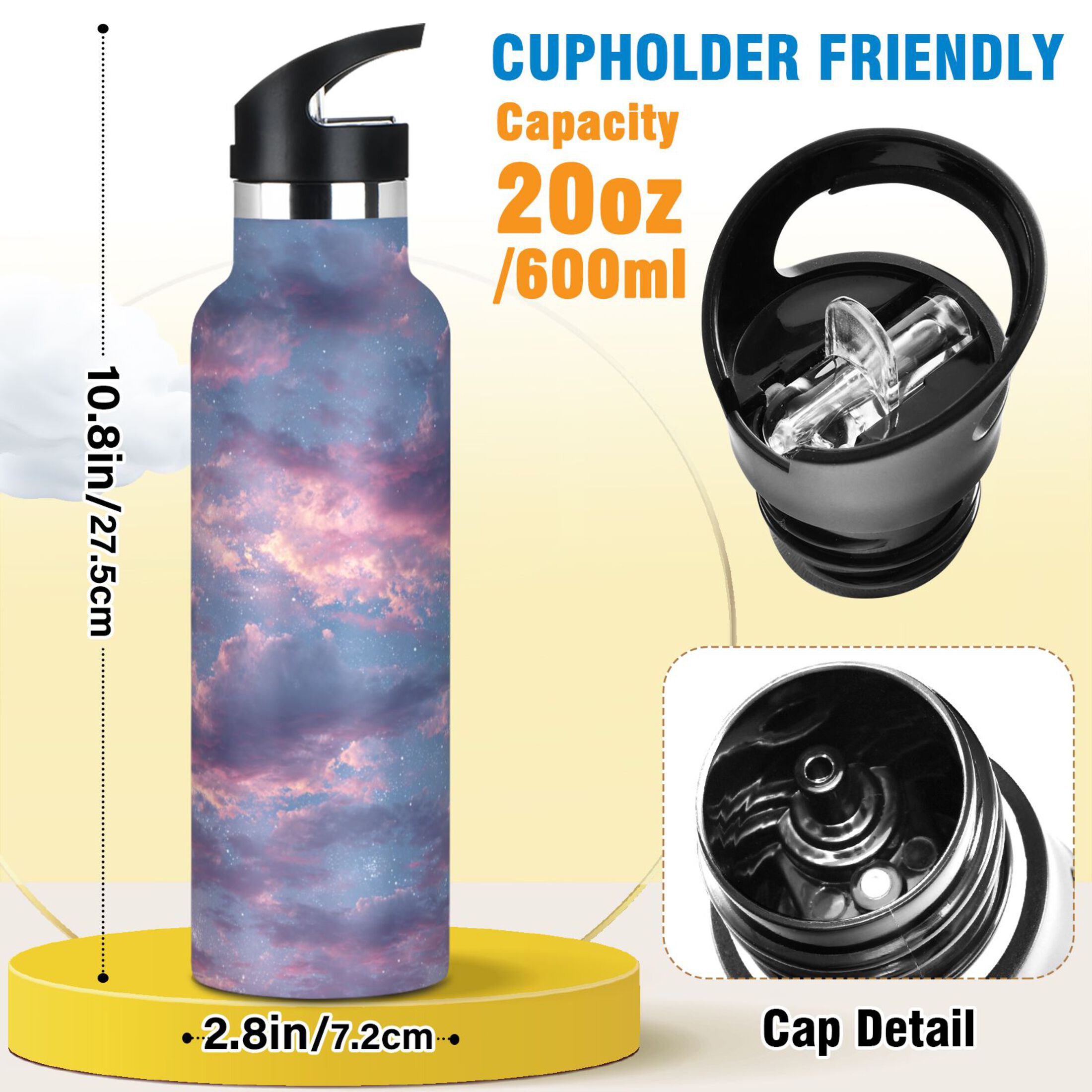 600ML Stainless Steel Insulated Cup Sports Water Bottle Portable Thermos Cup Water Glasses Insulated Tumblers Convenient and Durable Cartoon Purple Cloud