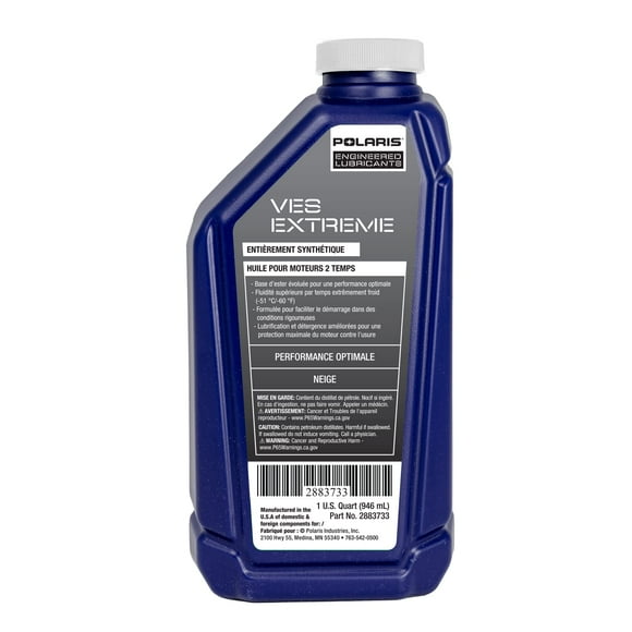 Polaris OEM Snowmobile VES Extreme Highest Performance Full Synthetic 2-Cycle Oil, 2-Stroke Snowmobiles, 1 Quart, Synthetic, Qty 1, Part 2883733