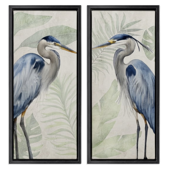 Stupell Industries Heron Portraits Palm Plants Animals Painting Black Floater Framed Canvas Art Print Wall Art, 11 x 25, Set of 2