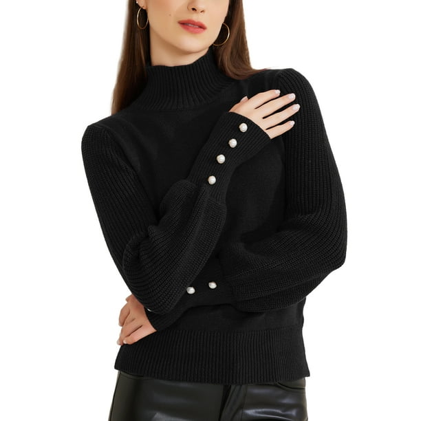 Suéter de punto de manga larga de cuello alto de mujer INSPIRE CHIC, negro, ajustado