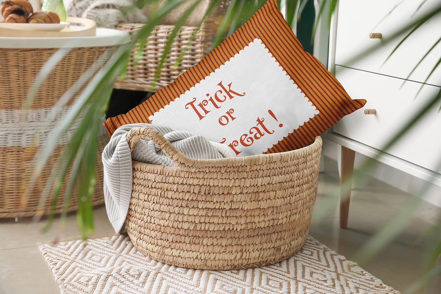 20" x 14" Simply Daisy Halloween Trick or Treat Ticking Polyester Indoor/Outdoor Pillow, Dark Red Qty 1