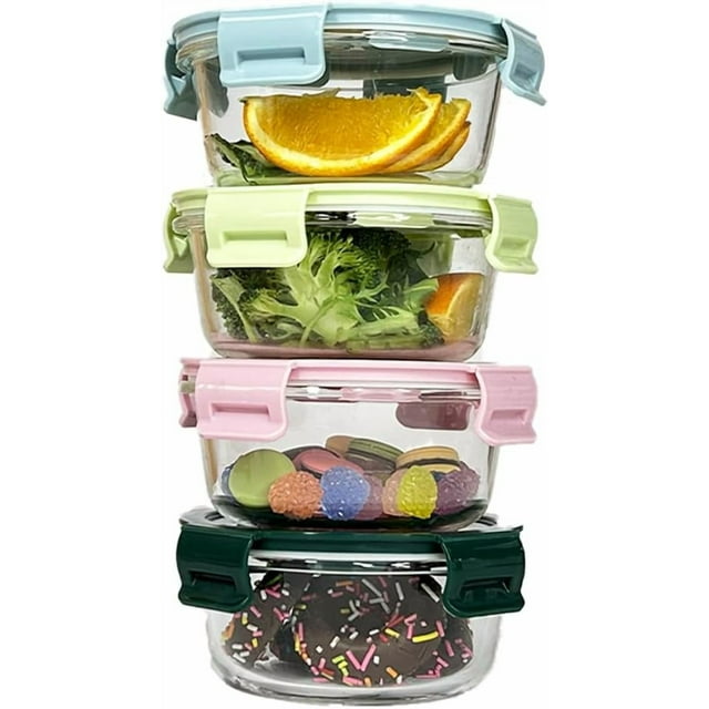 4 Pack Round Glass Food Storage Containers With Lids, 1.5 Cup Round Soup Containers BPA-Free, Small Glass Food Containers for yogurt, work, Leftover and Microwave, Dishwasher, Freezer Safe