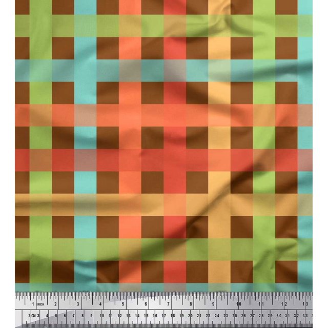 Soimoi Brown Japan Crepe Satin Fabric Check Check Printed Craft Fabric by the Yard 42 Inch Wide