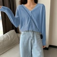 thumbnail image 3 of 2021 SALE Girl Women's Solid Color Knit Cardigan Small Short V-neck Long Sleeve Thin Jacket Crop Top Outerwear,Blue, 3 of 10