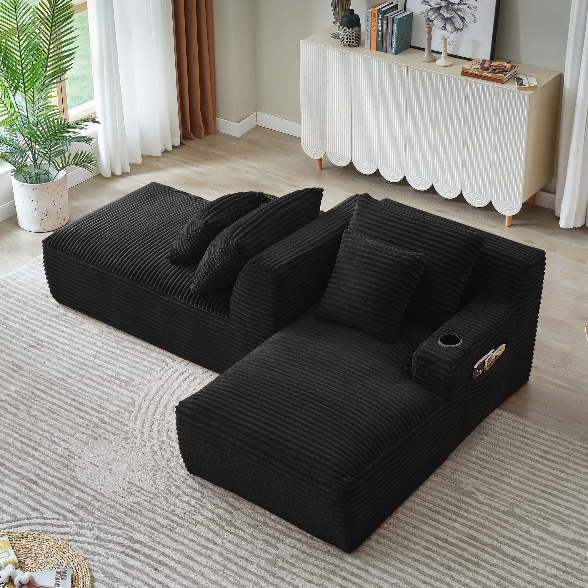 Miniyam Black Compressible Double Chaise Lounge with Cupholders, Modern Corduroy Sleeper Fluffy Loveseat for Indoor Living Room Bedroom Reading