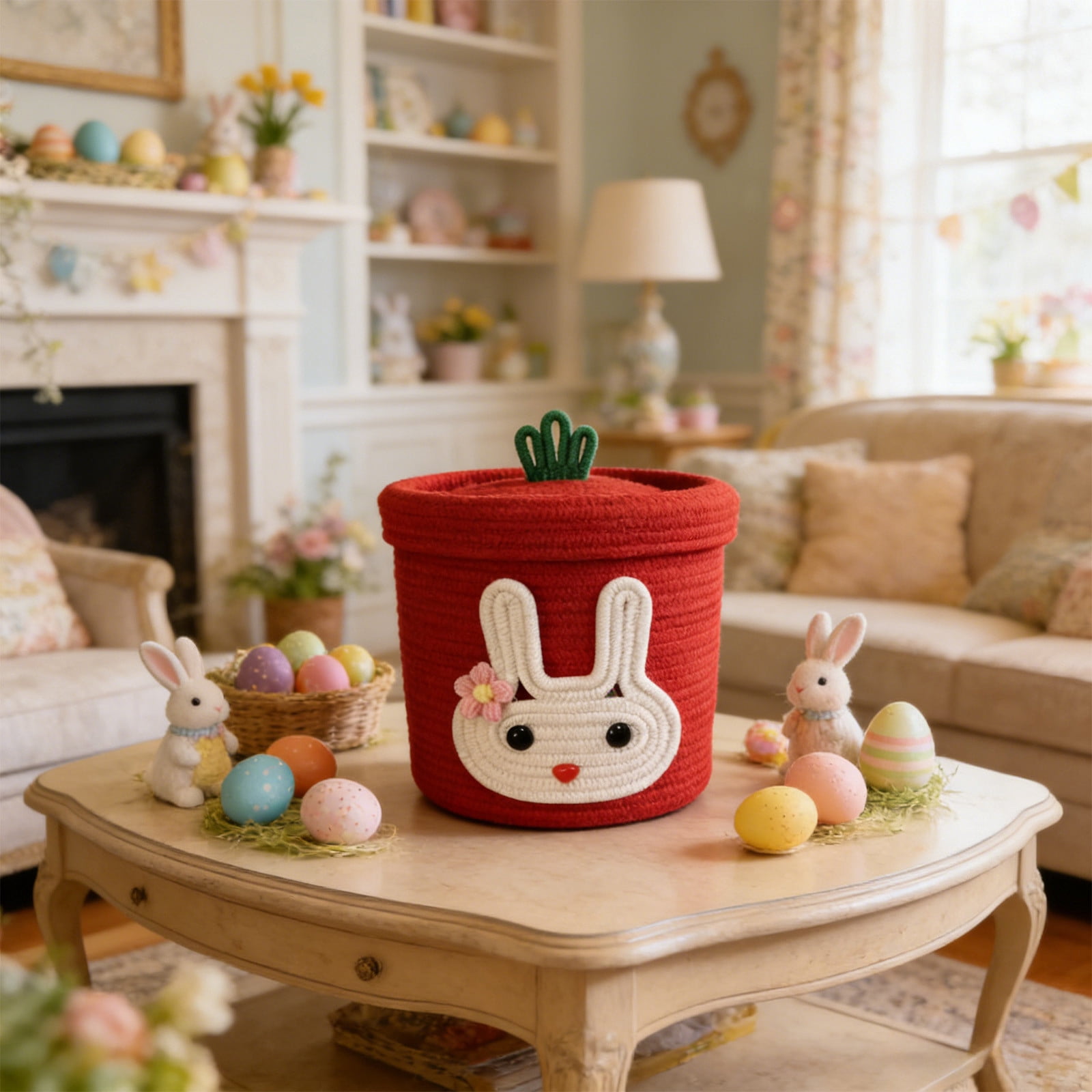 Tyidzon Easter Basket Rabbit Storage Basket with Protective Lid Handwoven Cotton Rope Style Easter Theme Storage Bin with 3D Bunny Ears for Candy Eggs Toys Home Organization