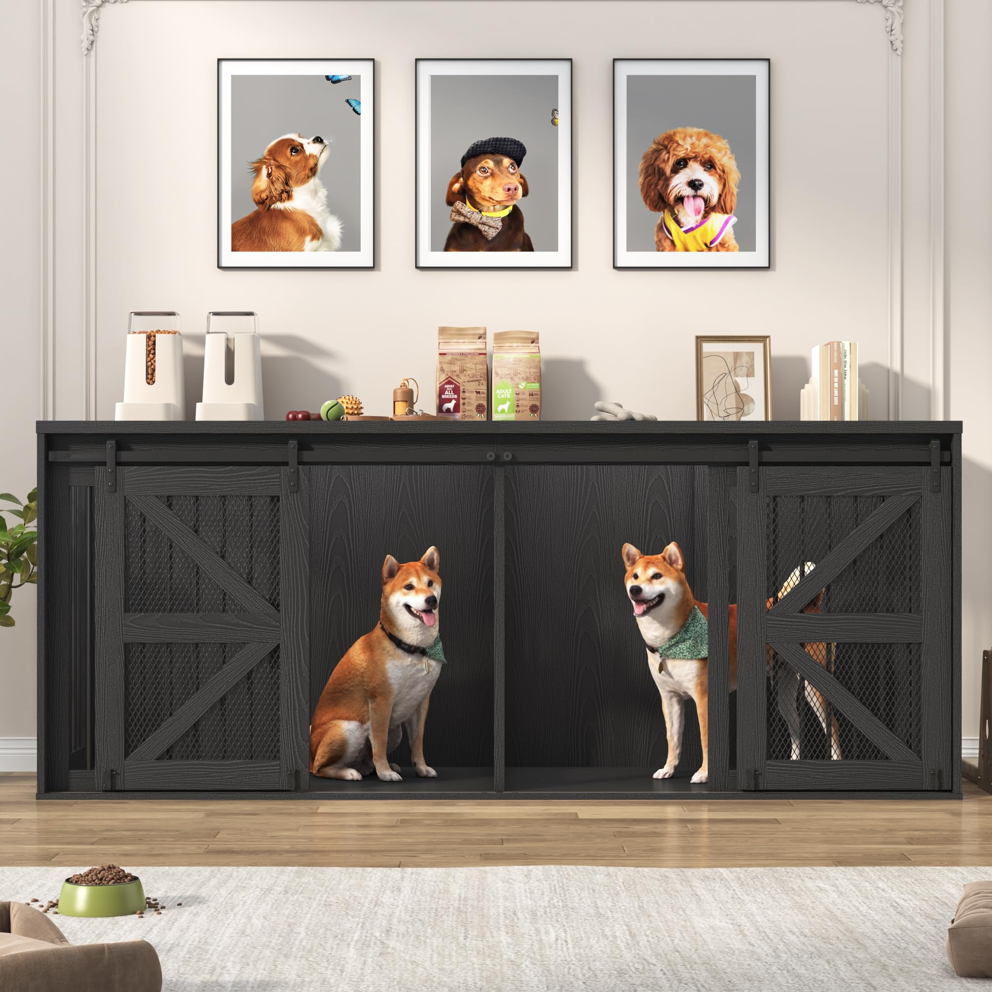 Blotout 87" Large Farmhouse Dog Crate TV Stand, Wooden Dog Crate Furniture with with Divider Panel/Sliding Metal Mesh Barn Door, XL-XXL Heavty Duty Dog Crates Furniture for 2 Medium or Large Dogs