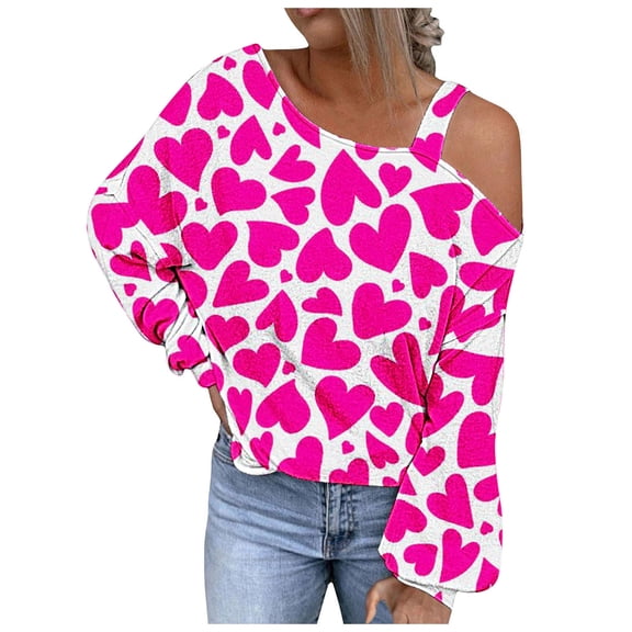 Penkiiy Womens Valentine Day Sweatshirt Off-shoulder Shirt Hearts Graphic Long Sleeve Pullover Tops XL Pink