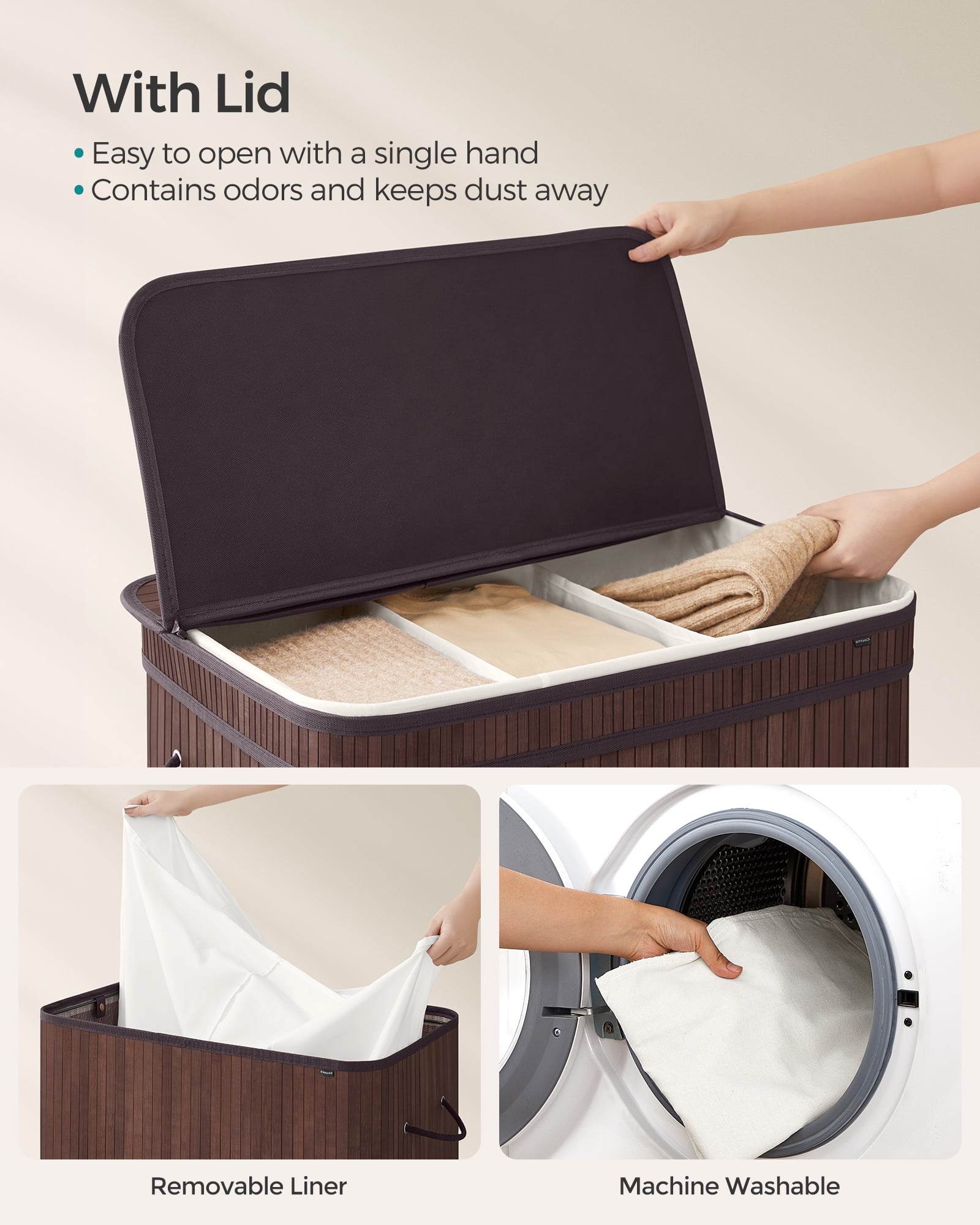 150L Laundry Hamper with Lid Bamboo Laundry Basket Removable Machine Washable with Handles for Laundry Room Bedroom Chestnut Brown