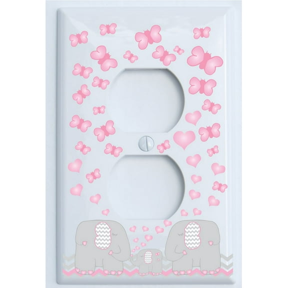 Pink Elephant Light Switch Plate and Outlet Covers/Elephant Nursery Decor with Grey and Pink Chevrons with Pink Hearts and Butterflies