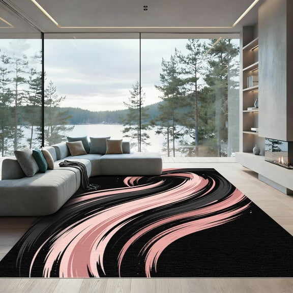 ODIKA 4'x6' Machine Washable Non-Slip Area Rug, Abstract Black High Traffic Rug, Black, 1247592