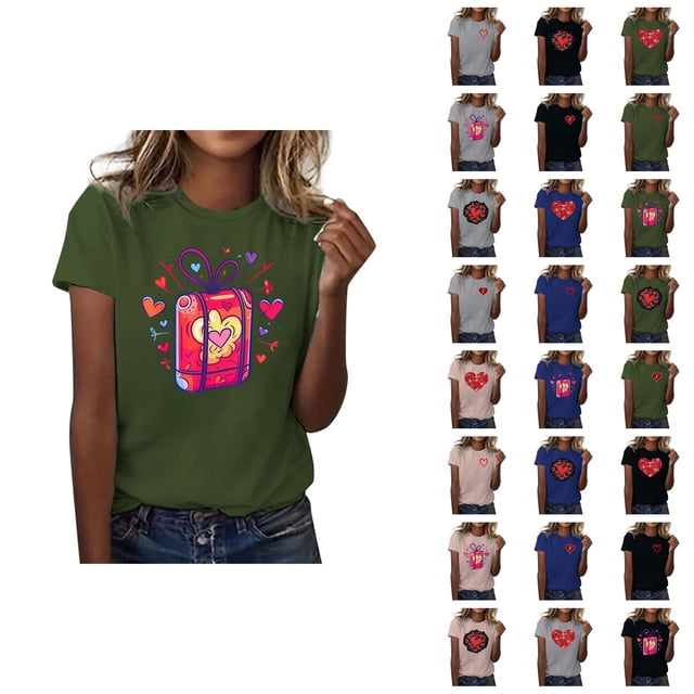 T-shirts de la Saint-Valentin pour Femmes 2026 Mode Manches Courtes Col Rond Cœur Graphique