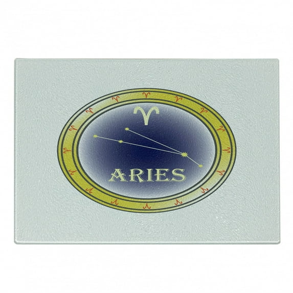 Zodiac Aries Cutting Board, Astrology Sign in a Circle with the Horoscope Constellation, Decorative Tempered Glass Cutting and Serving Board, Small Size, Navy Blue Orange, by Ambesonne