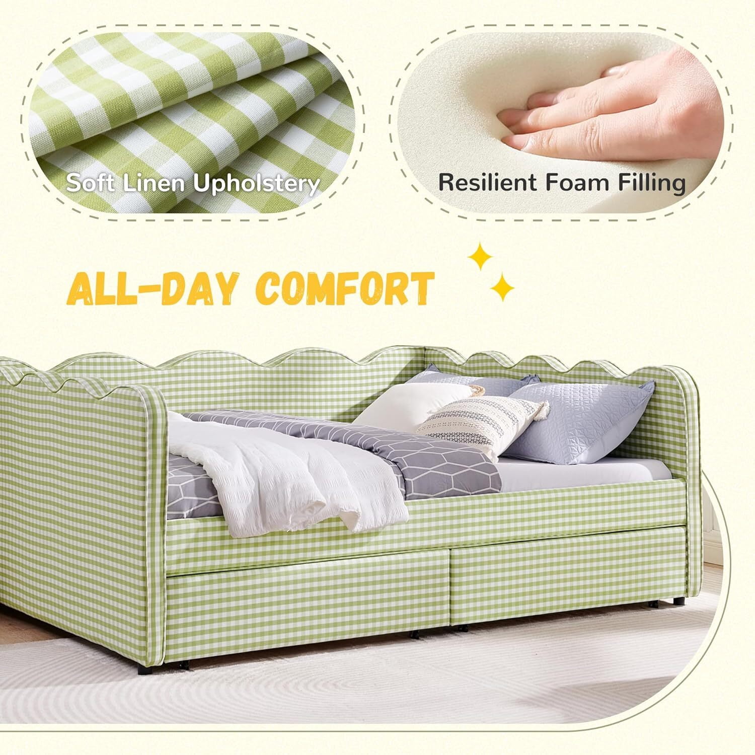 avobird Cozy Gingham Daybed with 2 Storage Drawers Queen Size Sofa Bed for Living Room, Sleeper Sofa with USB Port and Adorable Wave Shaped, Linen Fabric, Green