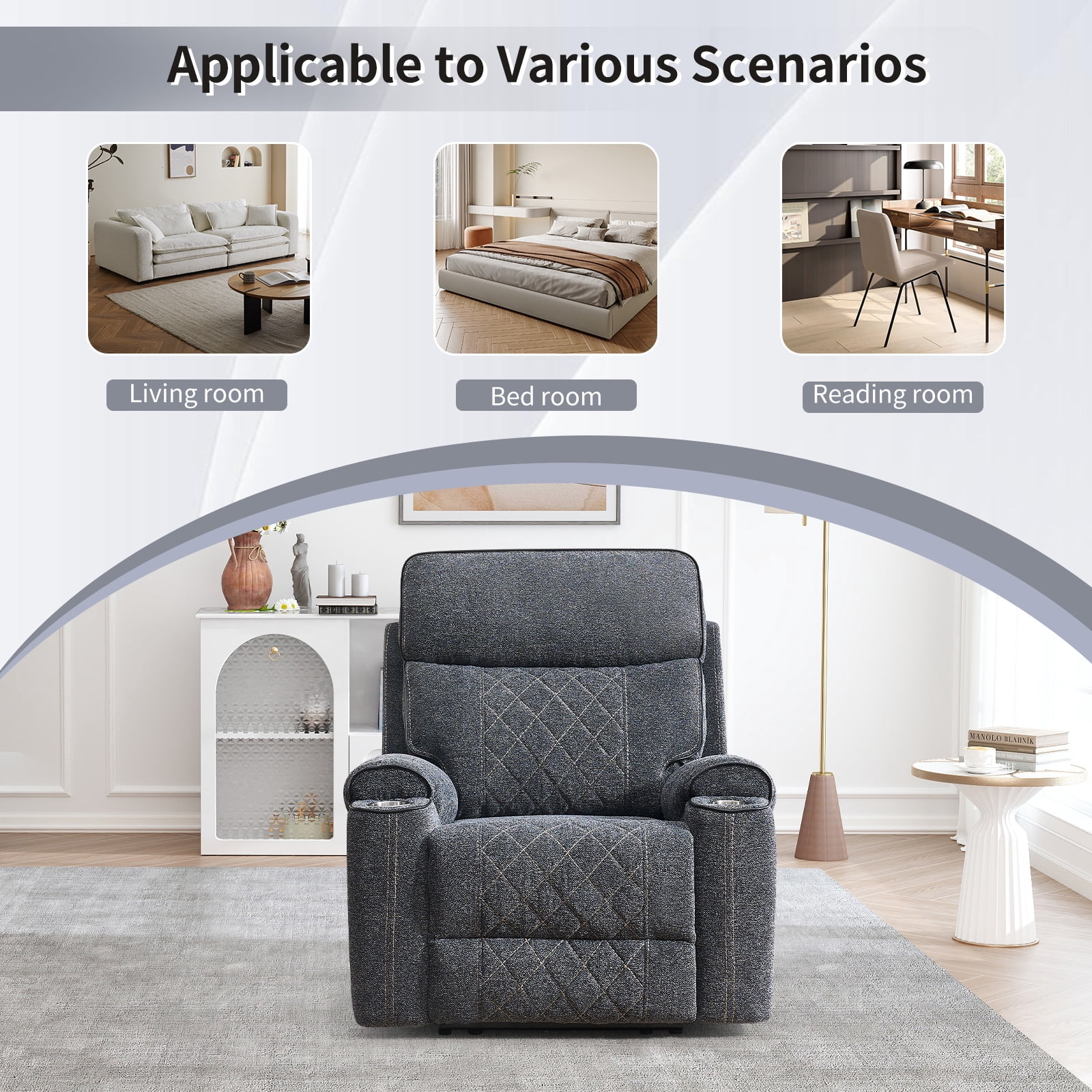 Bonzy Home Power Recliner Chair — Electric Fabric Recliner with Cup Holders & USB-C Charging Ports, Diamond Grid Upholstery, Grey